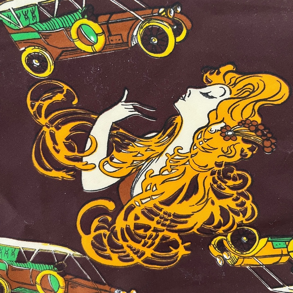 Vintage 70s Art Nouveau Lady & Autos Novelty Print Lettuce Edge Oblong Scarf